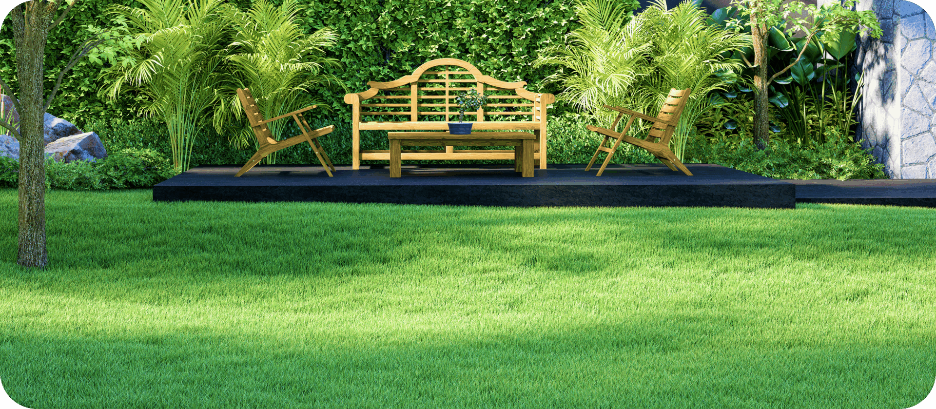 Patio set surrounded by greenery